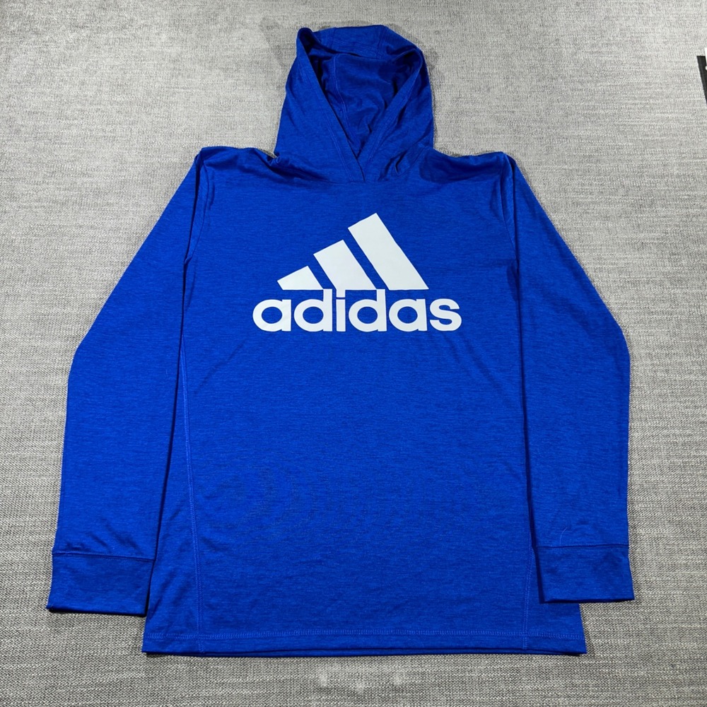Adidas Hooded Long Sleeve T-Shirt Youth Large L 14/16 Blue Excellent Logo Tee‎